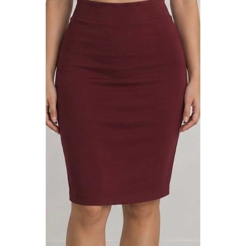 Burgundy High Waisted Pencil Skirt Knee Length Stretch Burgundy Size-L